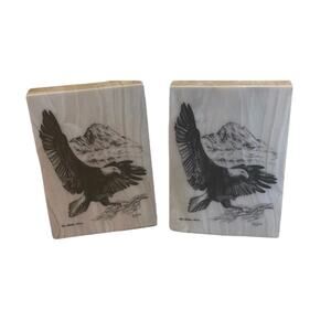 Vtg. Bill Devine Bald Eagle Bookends 2 Marble Etched Design The Alaska Mint 1981